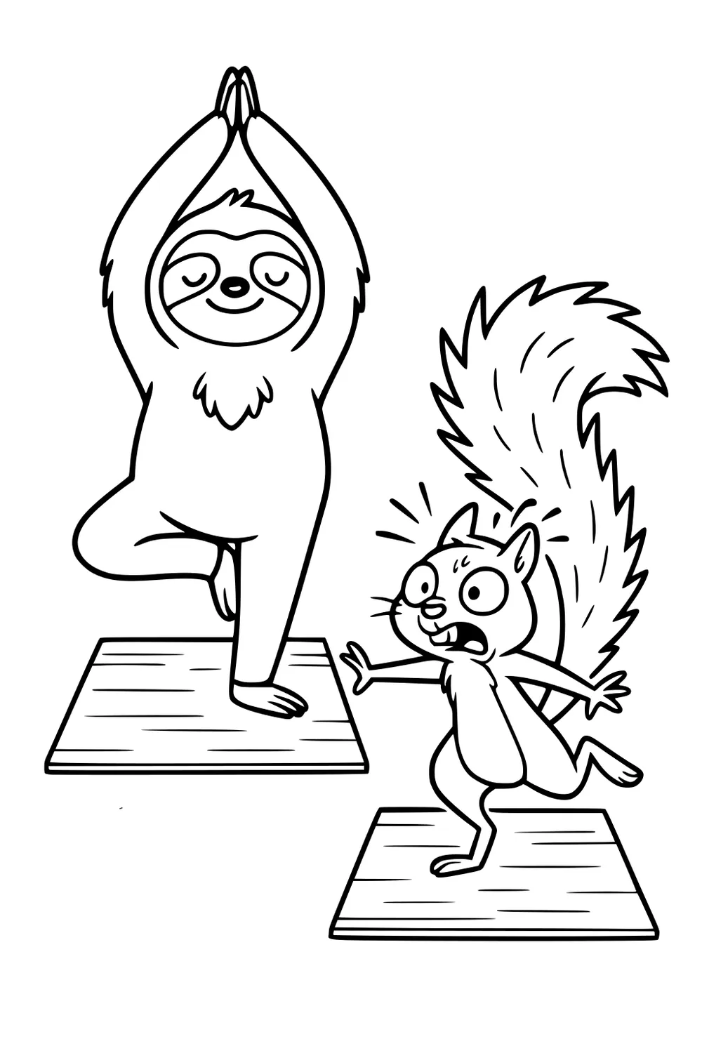 Sloth and surprised squirrel doing yoga on mats, sloth calm and balanced, squirrel wobbling with paws up and tail raised.