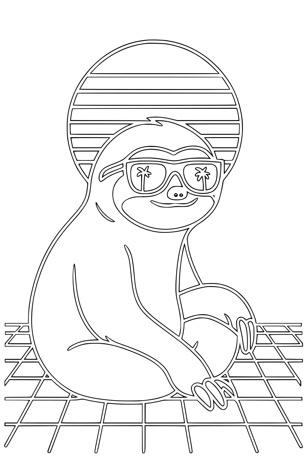Sloth wearing sunglasses with palm trees, sitting on a grid with a striped sun in the background.