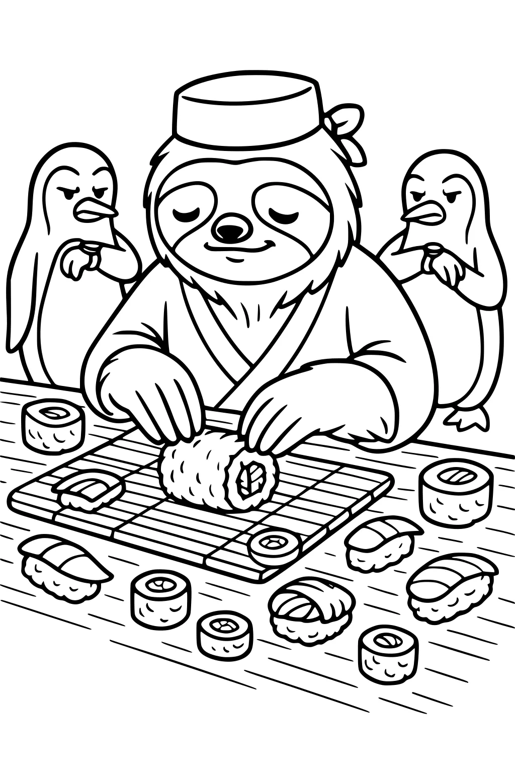 A sloth in a chef hat rolls sushi at a table, two penguins watch, many pieces of sushi on the wooden table.