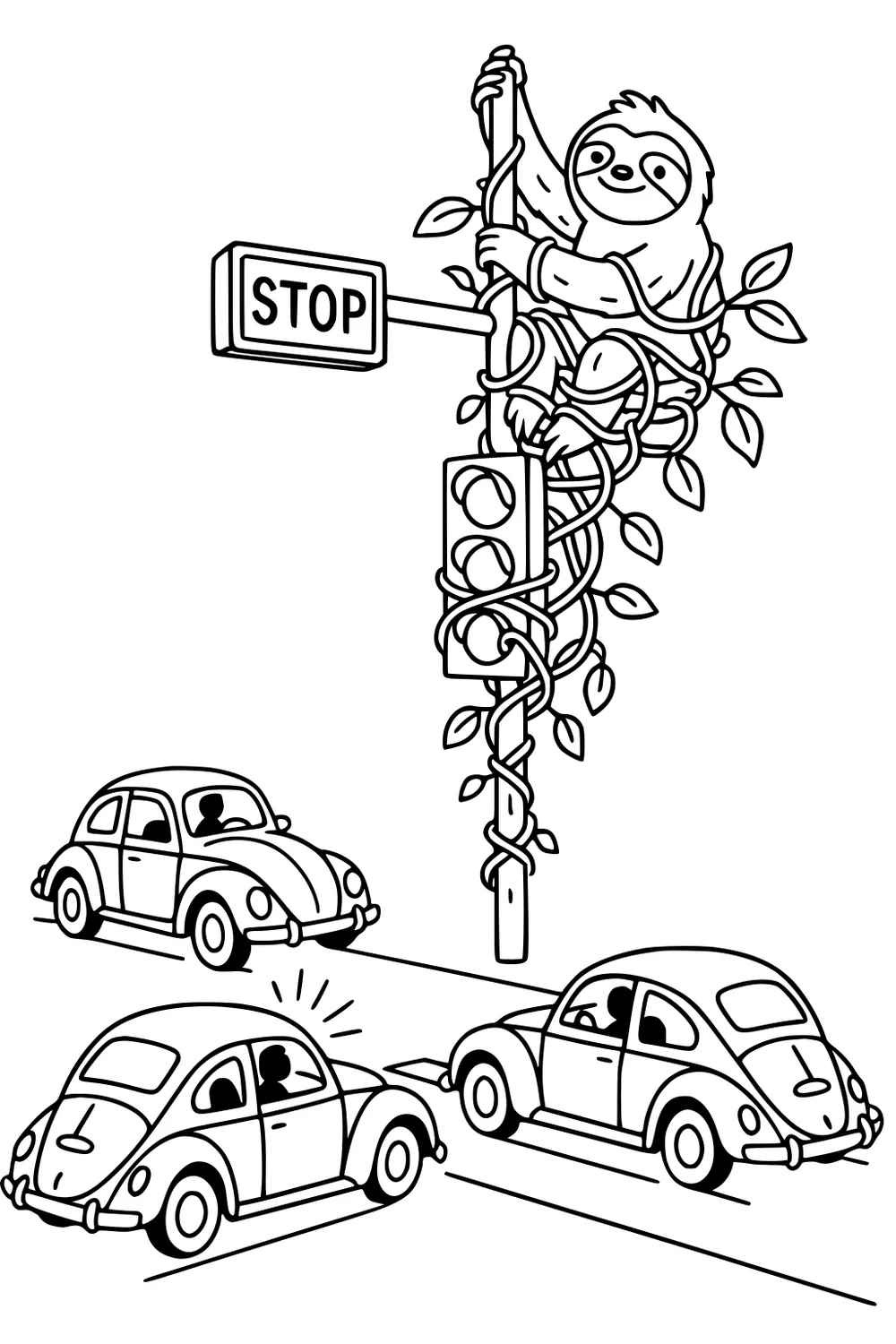 Sloth clinging to a vine-wrapped traffic light pole beside a STOP sign, with three small cars on the road below.