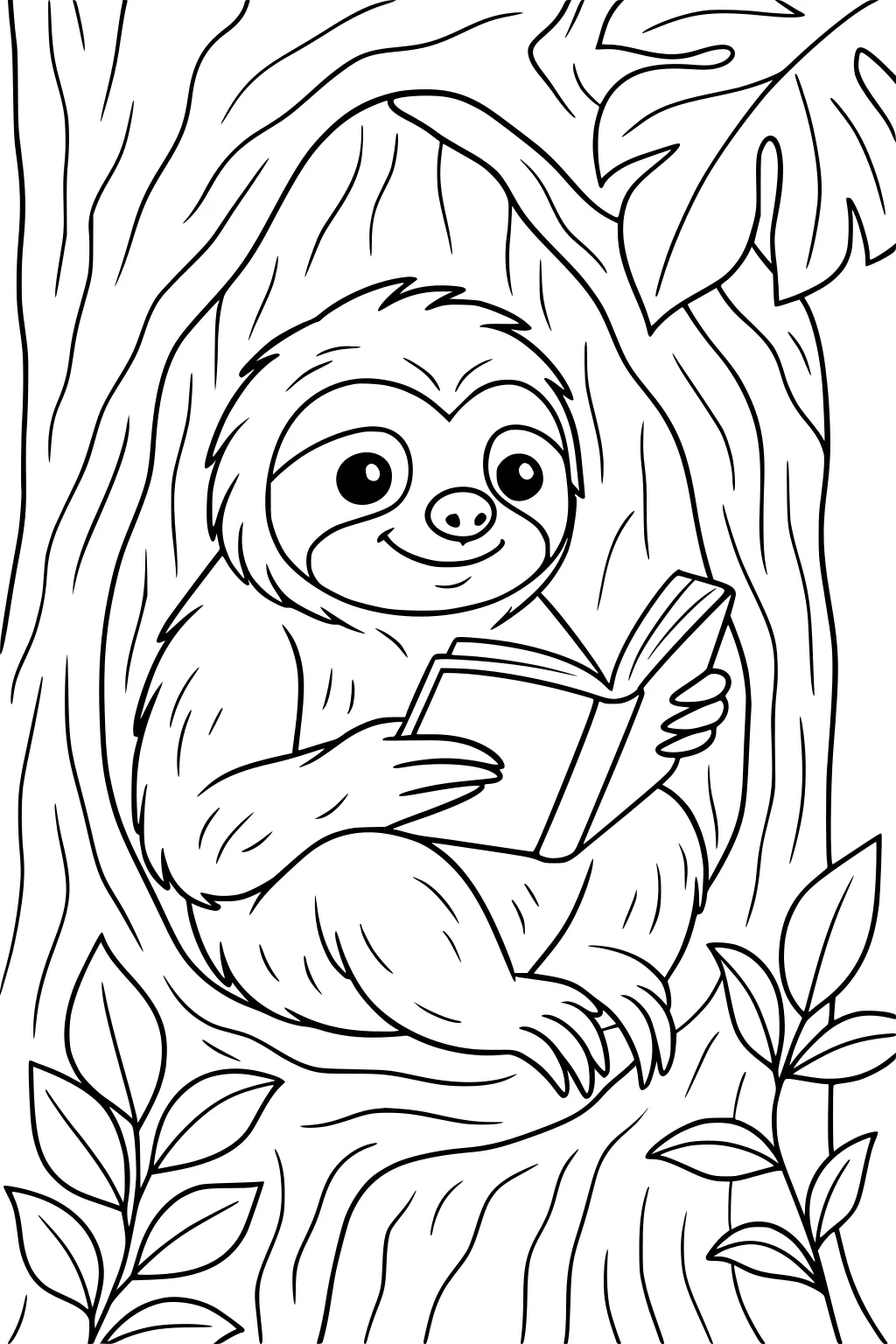 A sloth sits inside a tree trunk, smiling and reading a book. Leaves and plants grow around the tree.