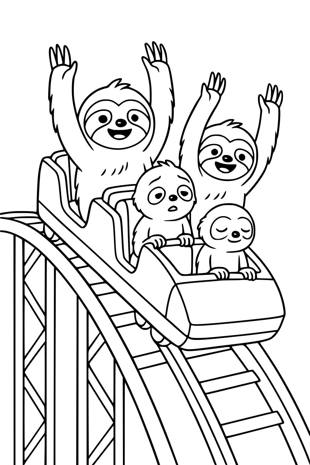Four cartoon sloths ride a roller coaster, with two smiling and raising arms, one nervous, and one calm in the front.