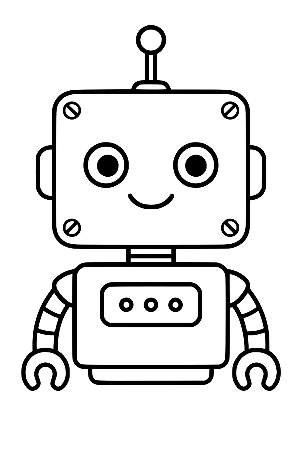 Smiling robot with square head, antenna, big round eyes, chest panel with three buttons, striped arms, and claw hands.