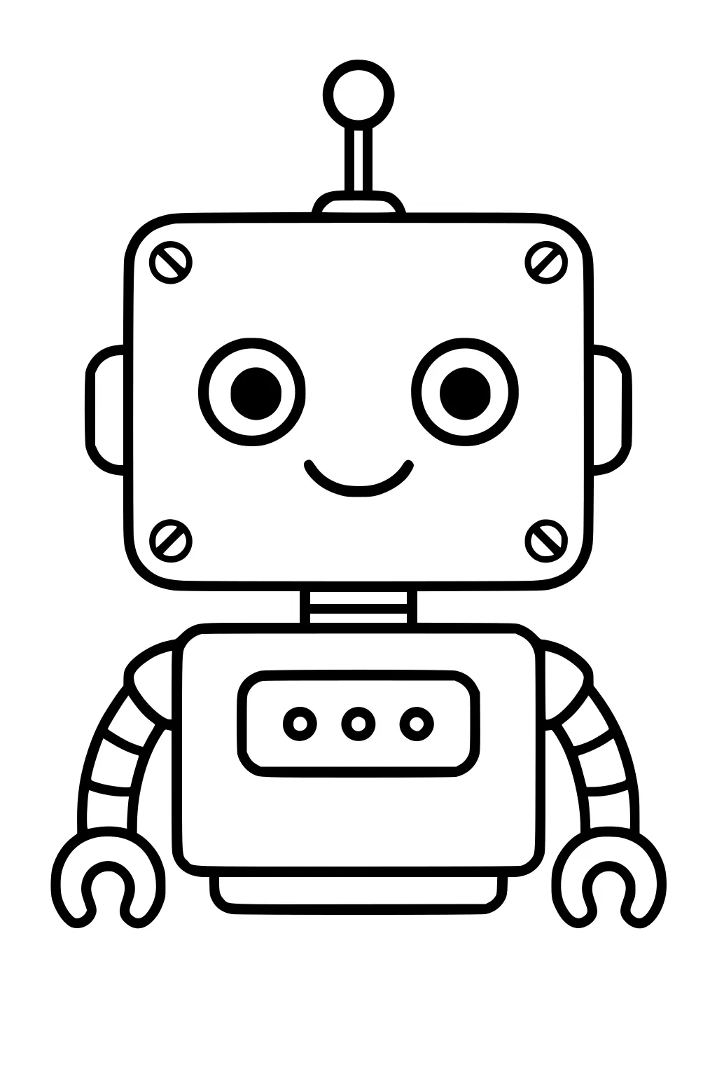 Smiling robot with square head, antenna, big round eyes, chest panel with three buttons, striped arms, and claw hands.