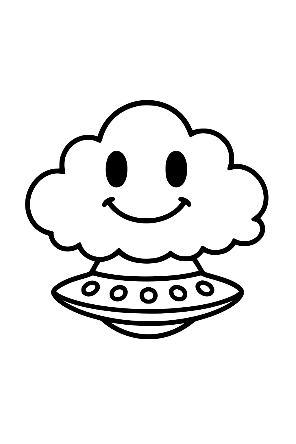 Smiling cartoon cloud with oval eyes sits atop a simple UFO with round lights, bold black outline, no background.