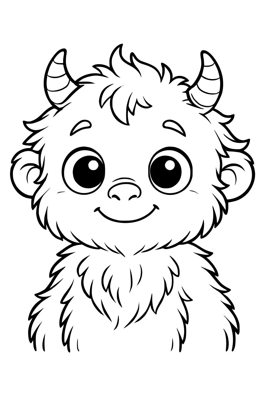 Smiling furry cartoon monster boy with big eyes, striped horns, round ears, and shaggy chest fur, shown from the chest up on white.
