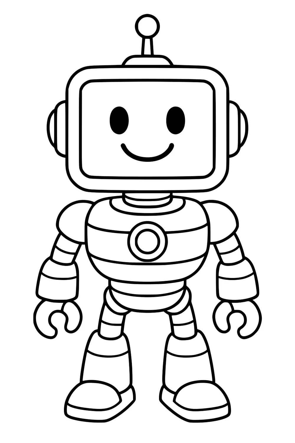 Smiling cartoon robot with square screen head, antenna, striped torso, chest circle, segmented arms, claw hands, and big boots on white background.