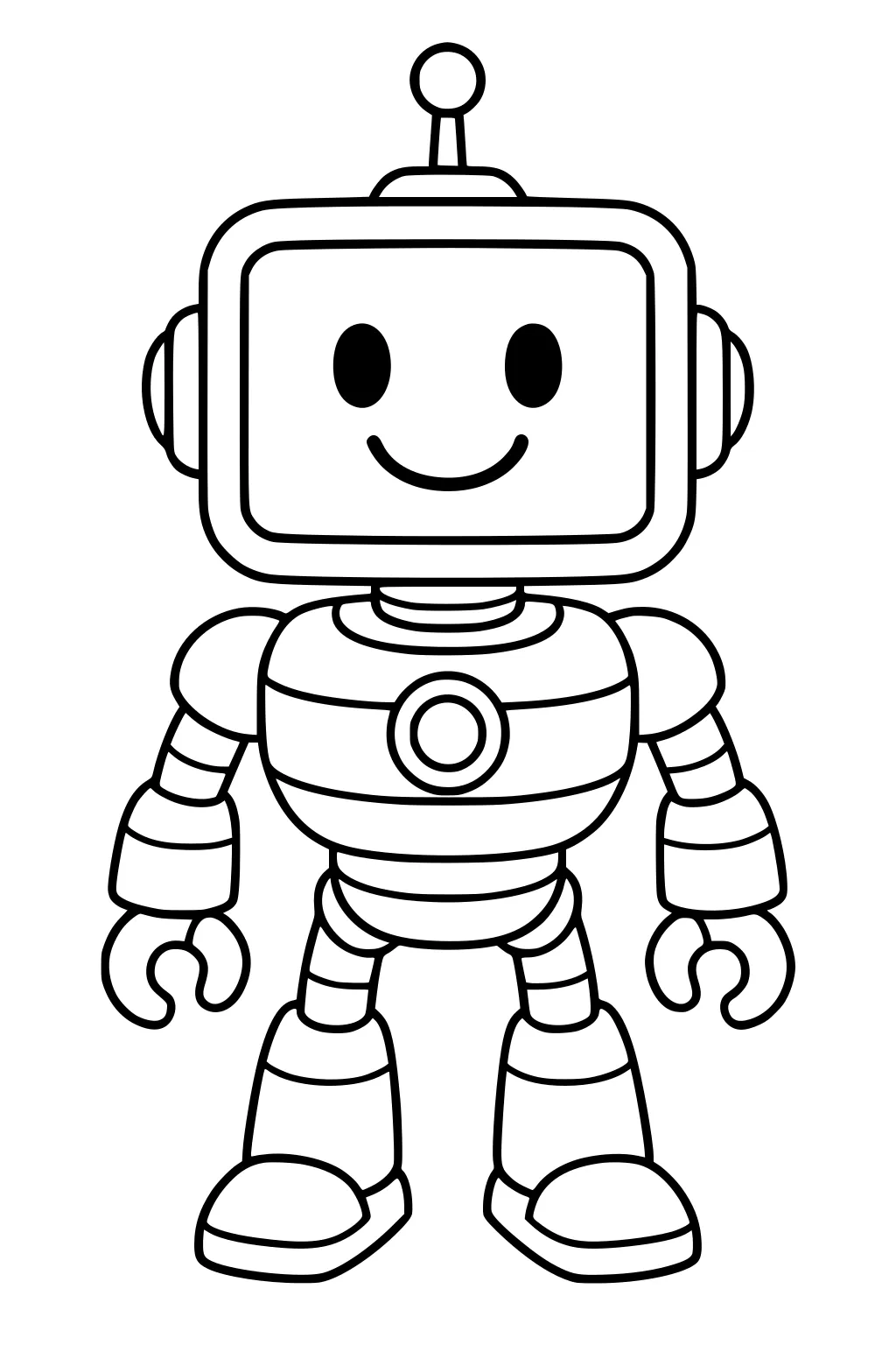 Smiling cartoon robot with square screen head, antenna, striped torso, chest circle, segmented arms, claw hands, and big boots on white background.