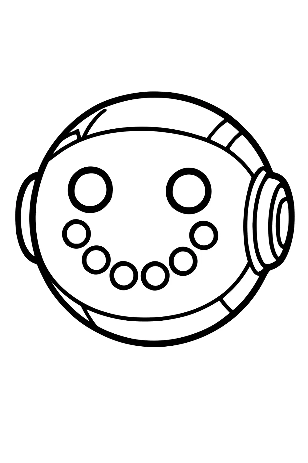 Round robot head with two circular eyes, dotted smile, and headphone-like side panels, outlined in bold lines on white background.
