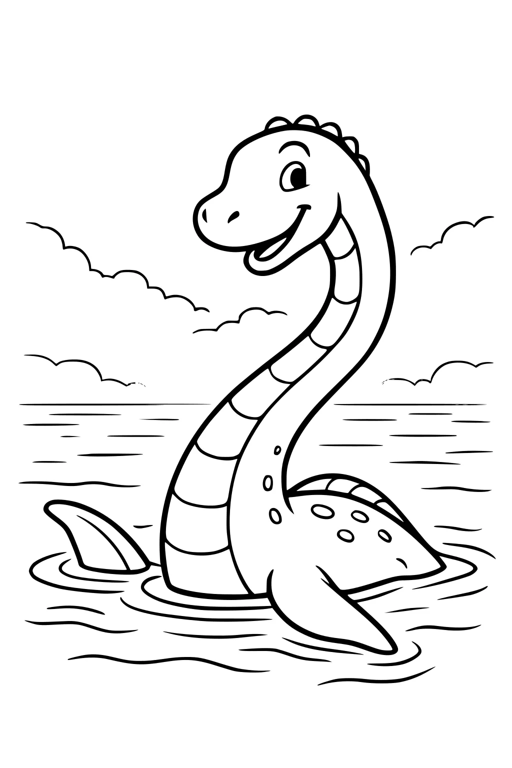 Smiling sea serpent with long striped neck, spots, and fins peeking from calm waves under a cloudy sky.