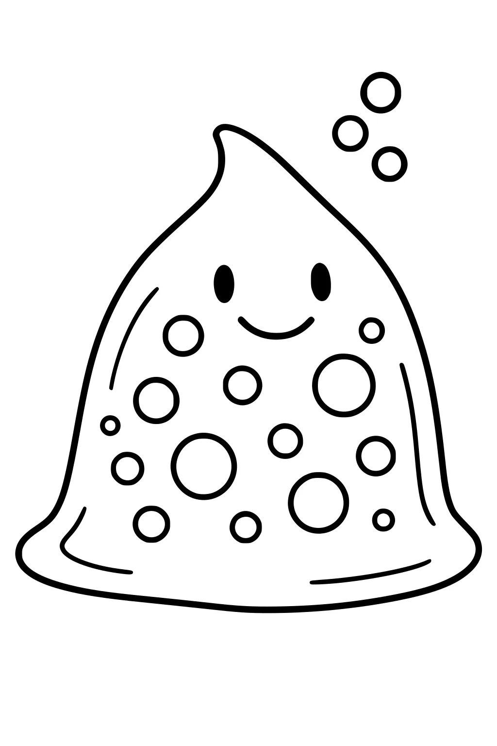 Smiling droplet-shaped slime monster with many circular spots and four bubbles floating above, drawn with bold simple outlines.