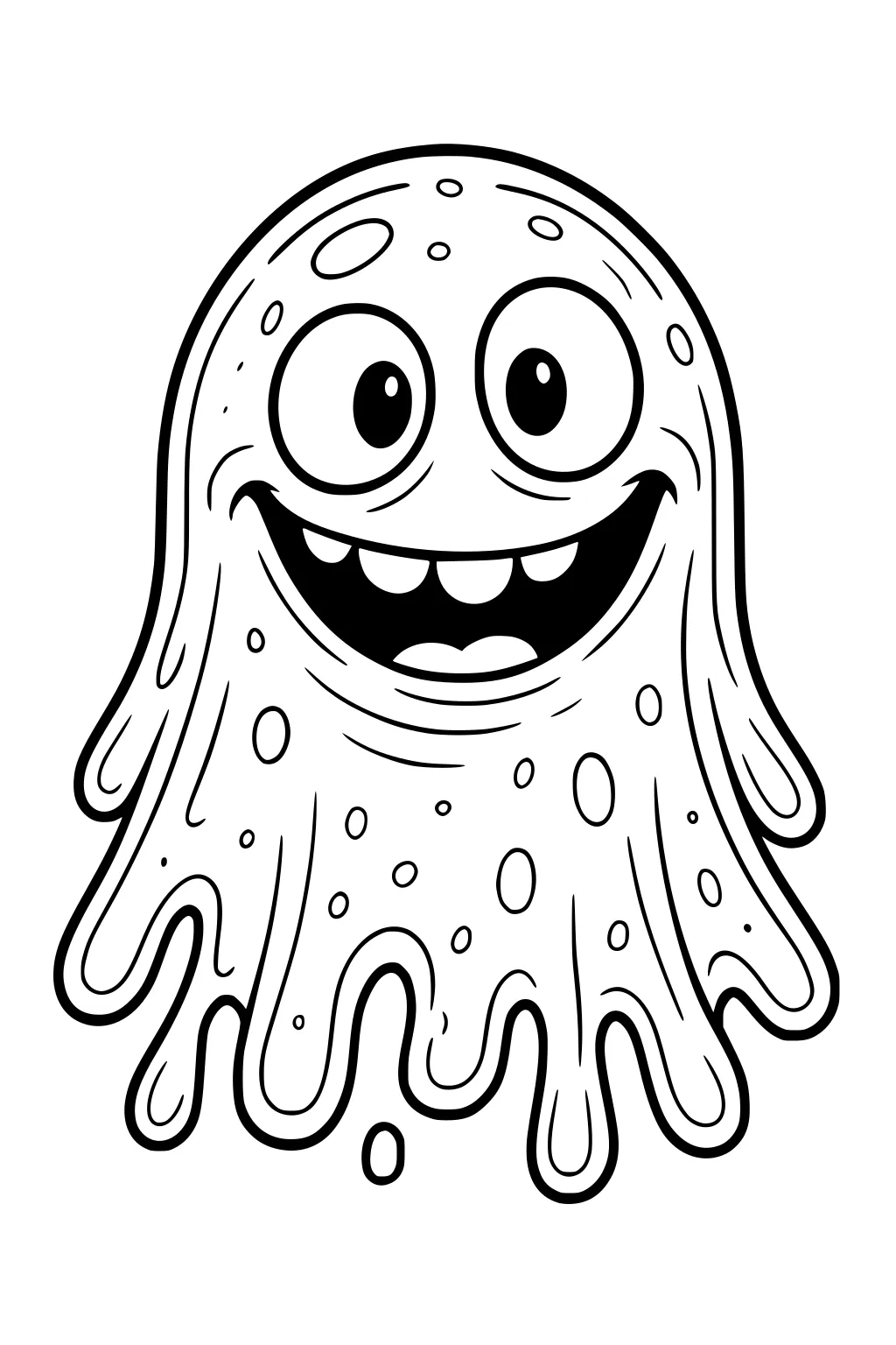 Happy slime monster with big eyes, wide grin, drippy blob body, and round spots in simple black line art.