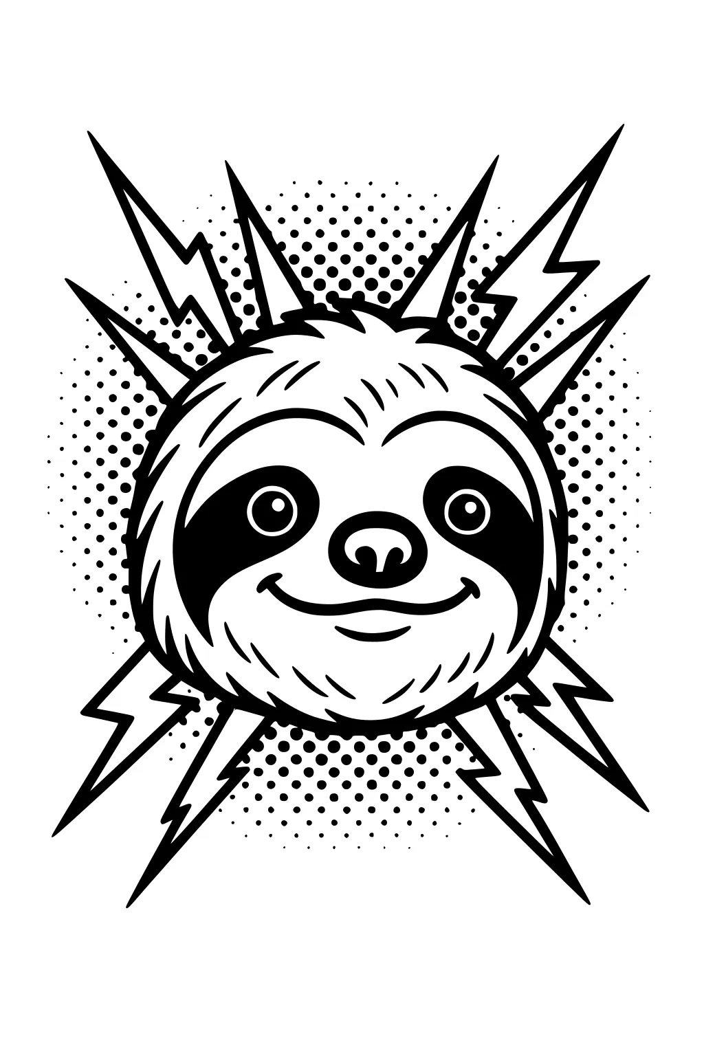 Round smiling sloth face with dark eye patches and nose, outlined by lightning bolts and dot pattern background.