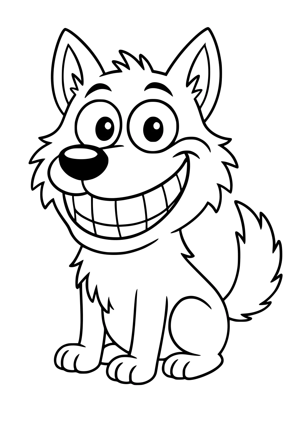 Cartoon wolf pup sitting with huge toothy grin, big eyes, perky ears, fluffy fur and curled tail, outlined with black lines.
