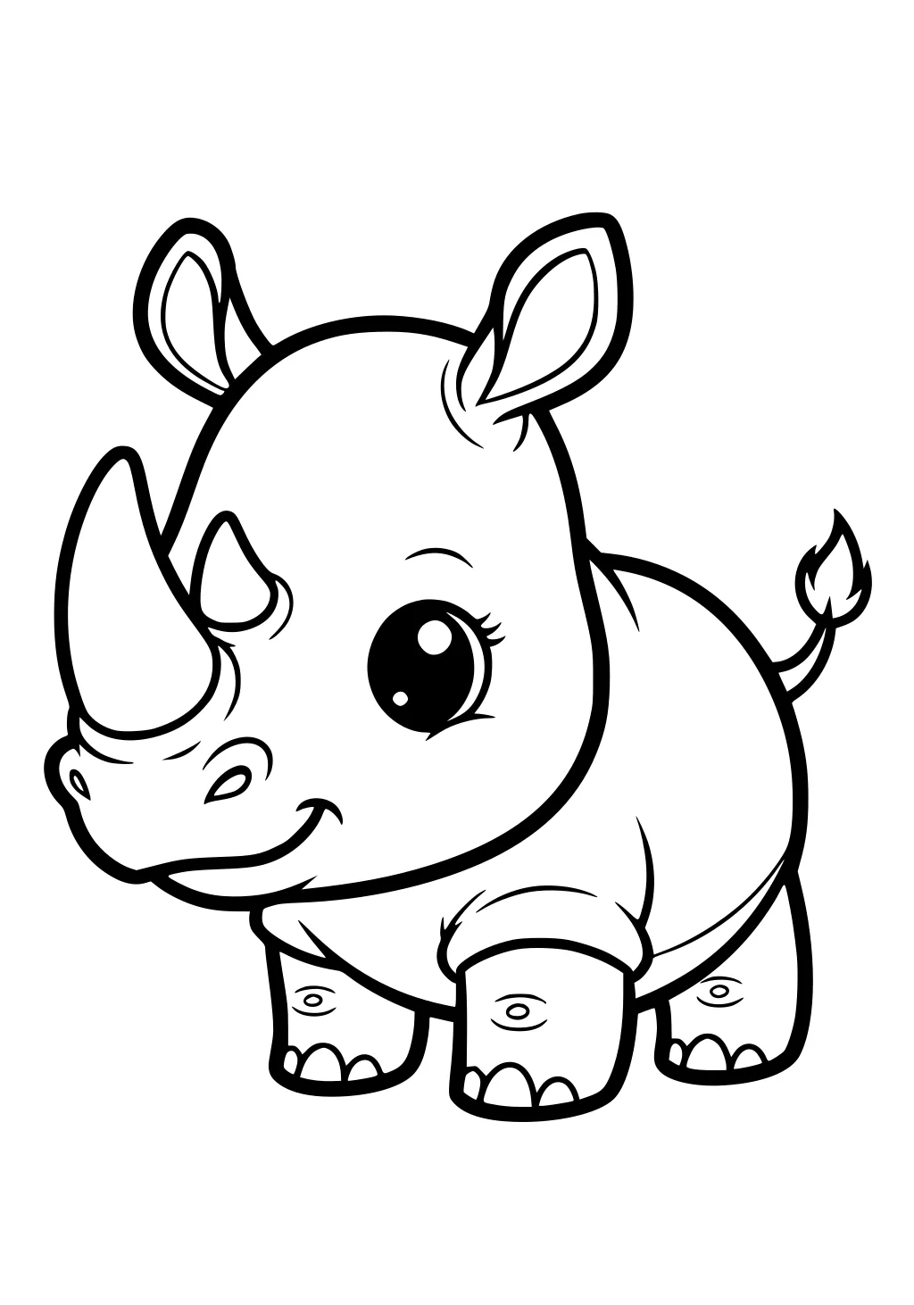 Cartoon baby rhinoceros with large eyes, two horns, rounded ears, short legs, and a tufted tail, facing forward.