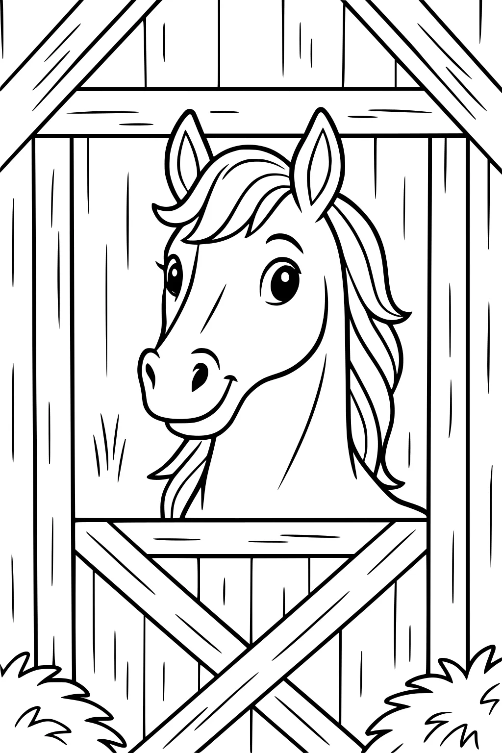 Horse with big eyes and a wavy mane looking out from a wooden barn door, surrounded by bushes.