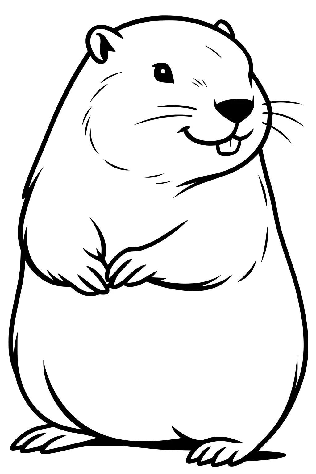 Beaver standing upright with a big smile, visible front teeth, and small paws held together.