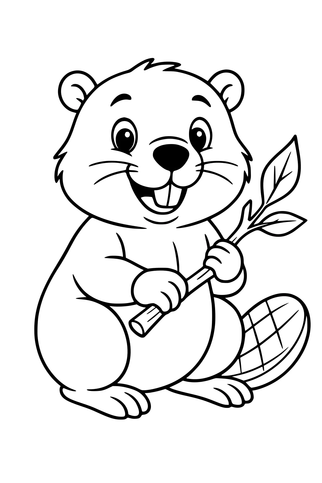Cartoon beaver smiling and holding a branch with leaves. The beaver has a flat tail and round ears.