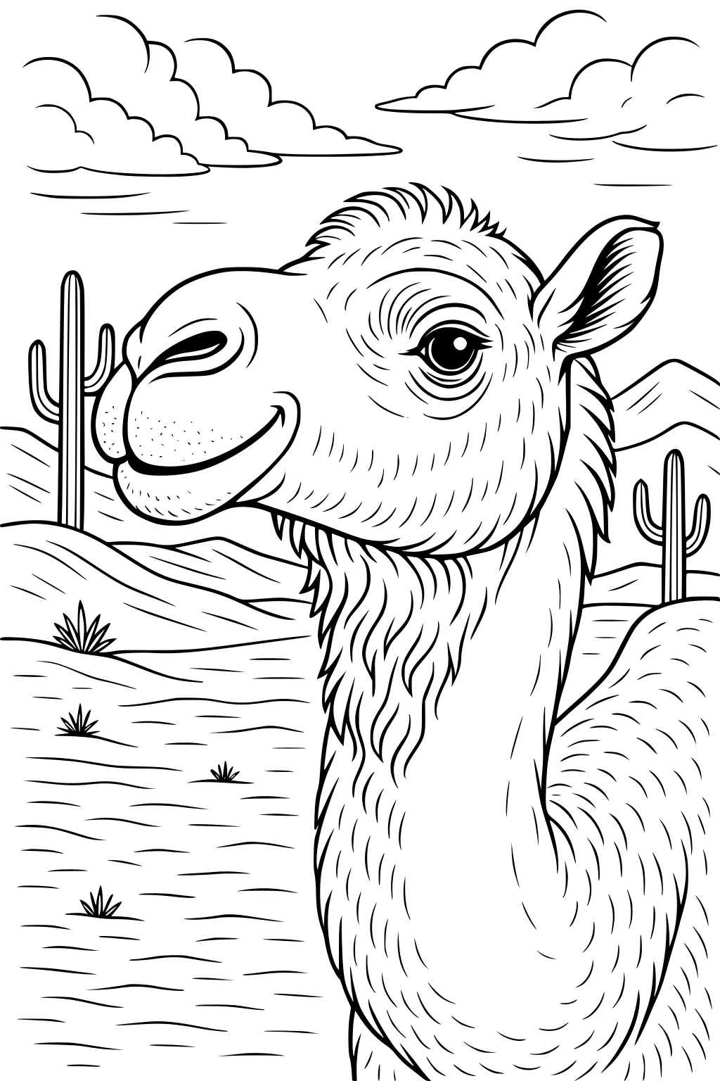 Camel with big smile in a desert, surrounded by cacti, sand hills, small plants, mountains, and clouds.