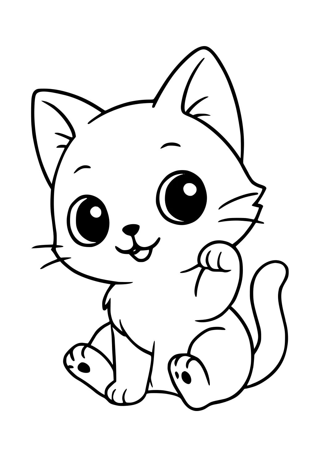 Cartoon kitten with big eyes, raised paw, curled tail, and smiling mouth.