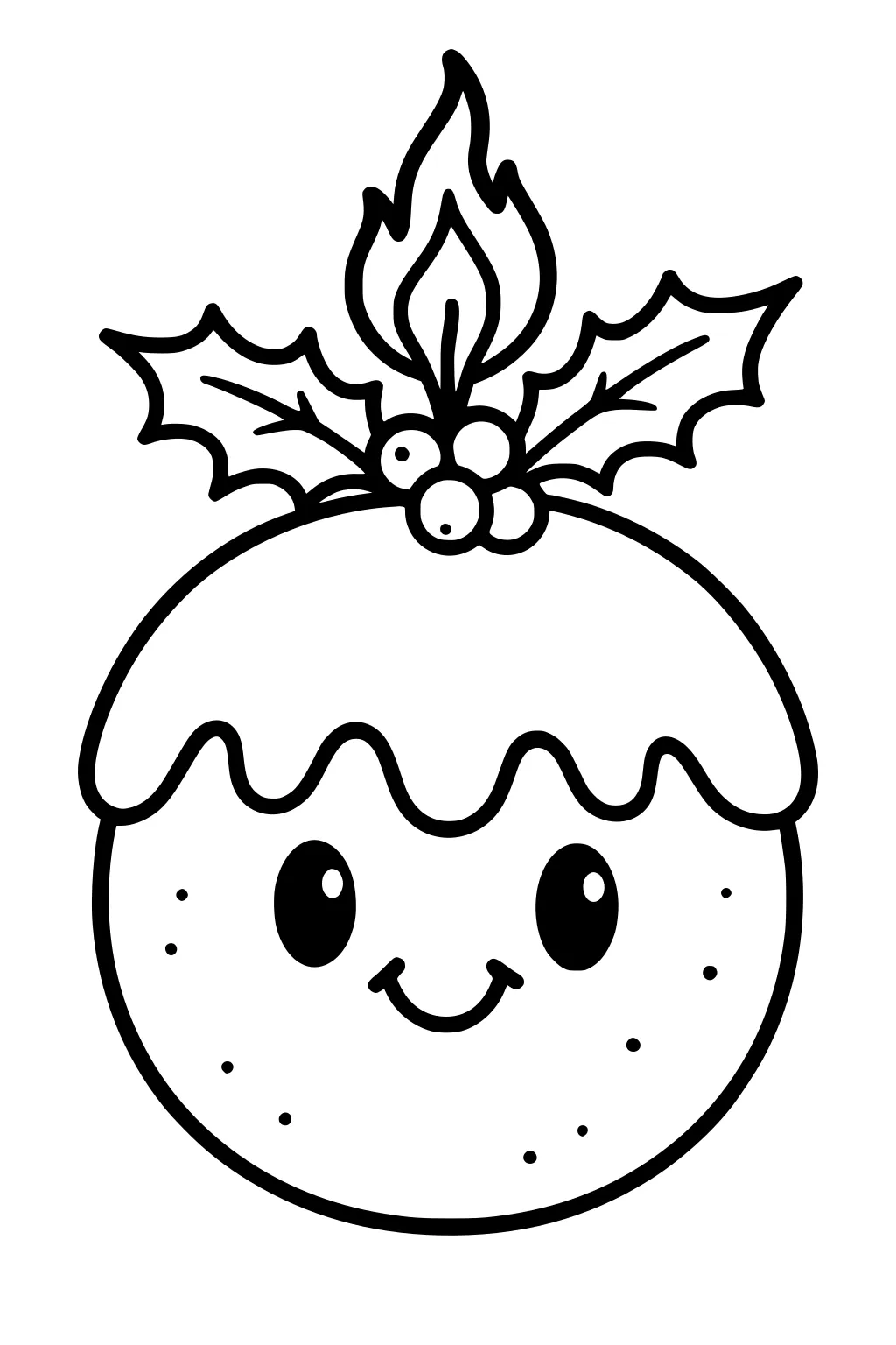 Smiling Christmas pudding with dripping icing, holly leaves and berries, and a small flame on top in bold outline.