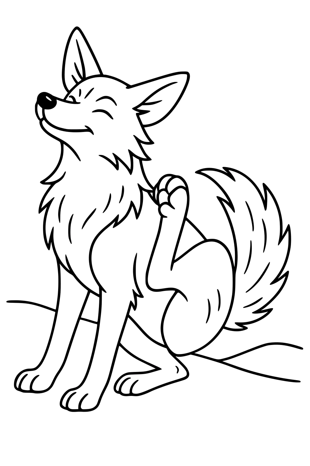 Cartoon coyote with eyes shut, scratching his ear on a grassy hill, large fluffy tail curled behind.