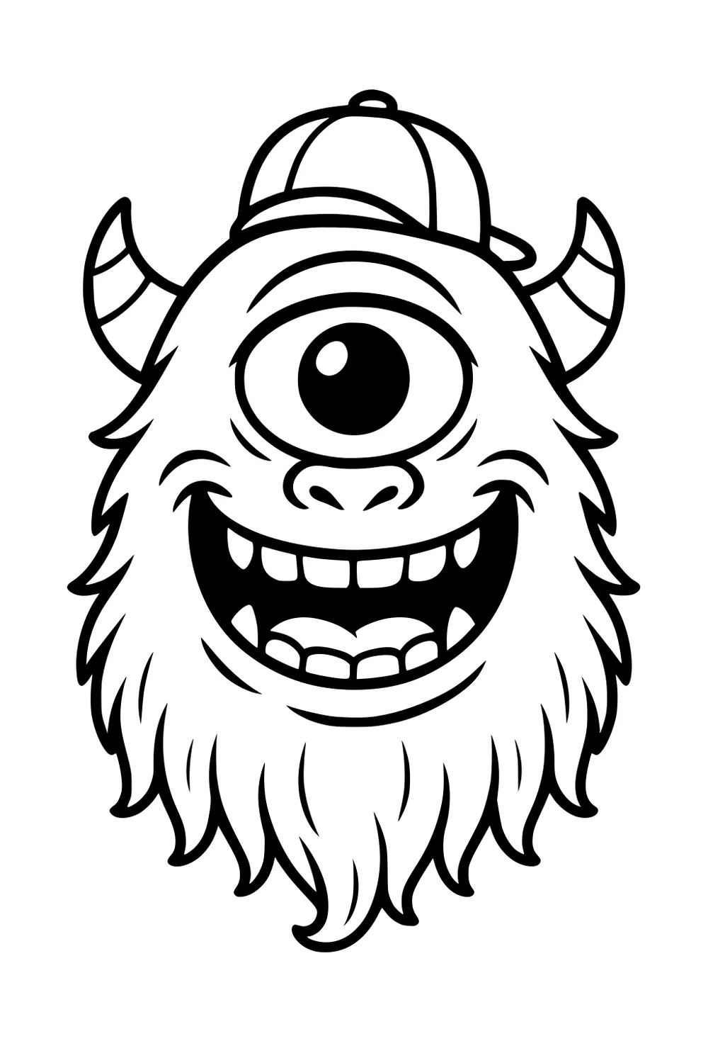 Smiling cartoon cyclops with one big eye, striped horns, baseball cap, shaggy fur, and wide toothy grin in bold black outline.