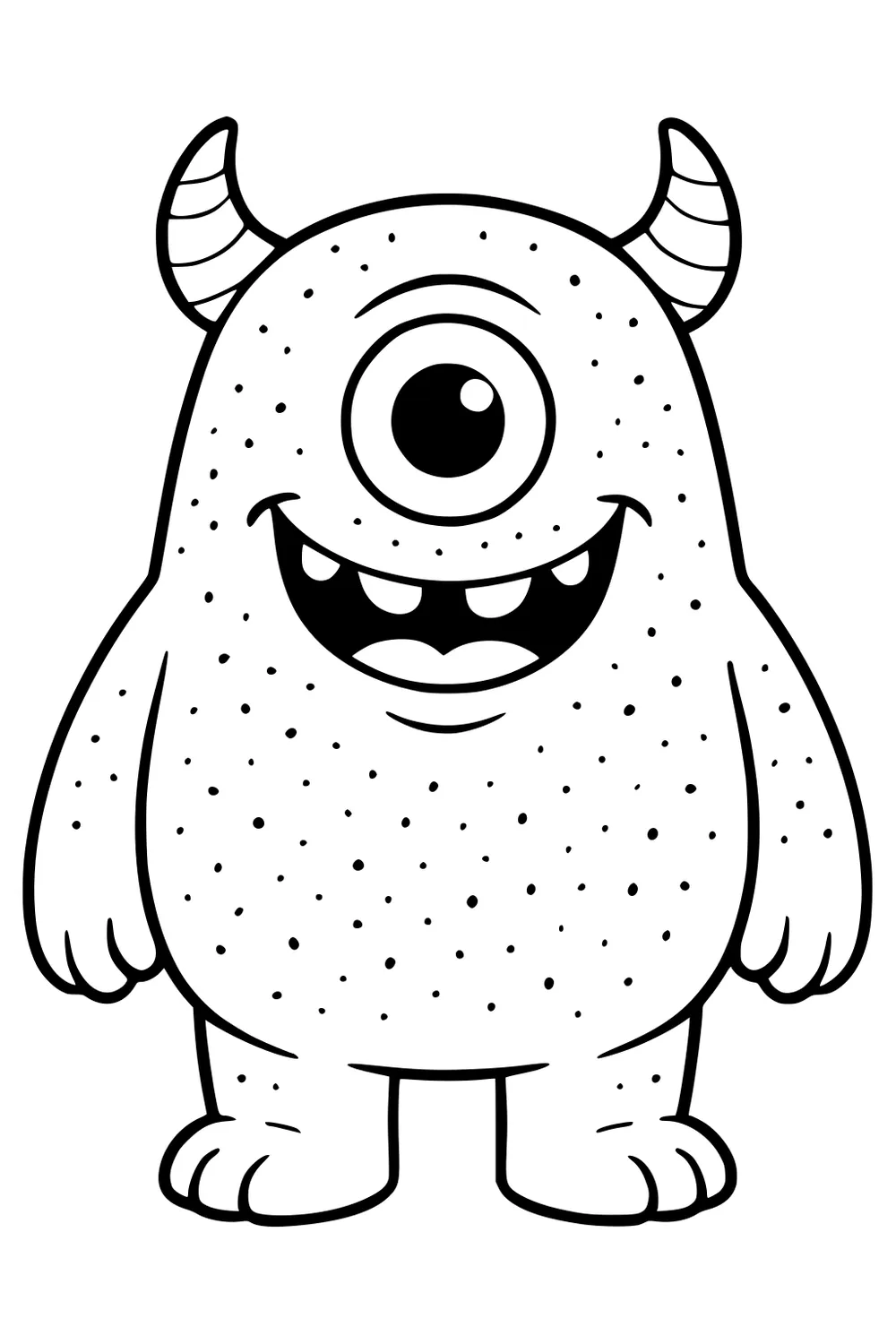 One-eyed cartoon monster with striped horns, big grin, small teeth, and a spotty round body, short arms and stubby three-toed feet.
