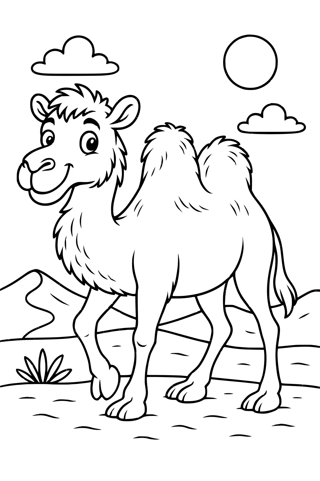 Cartoon camel with two humps smiling in a desert, sun, clouds, small bush, and hills in background.