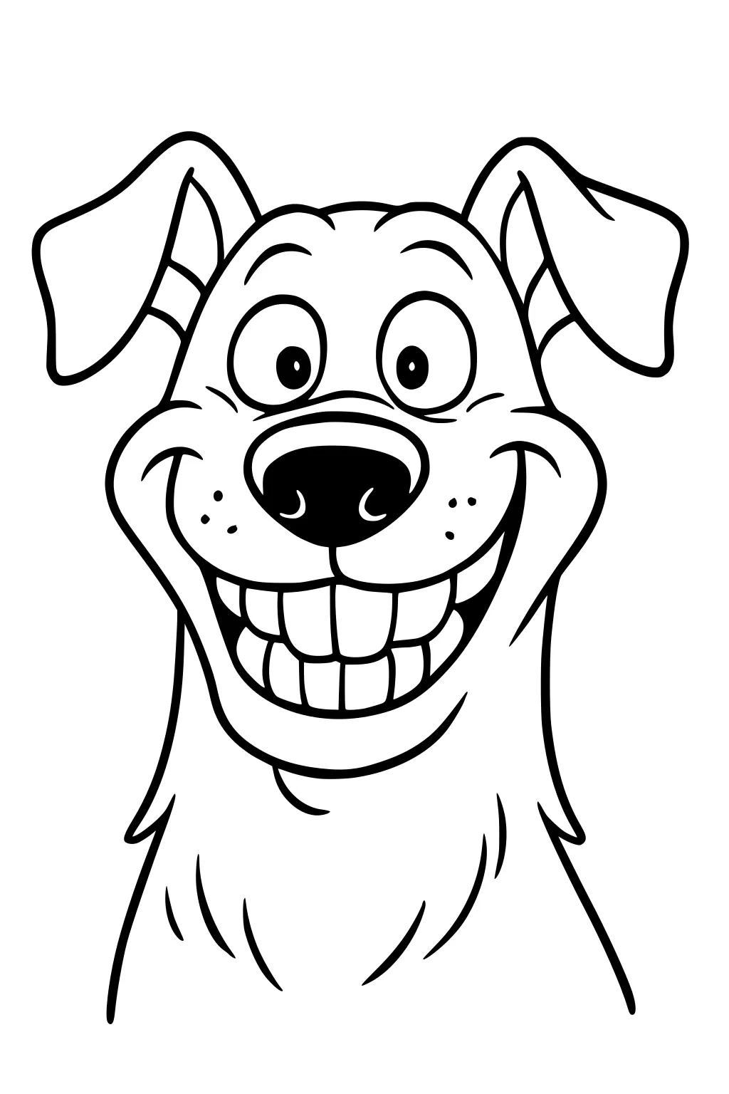 Cartoon dog face with wide eyes, big toothy smile, floppy ears, fuzzy chin, and round nose on a white background.