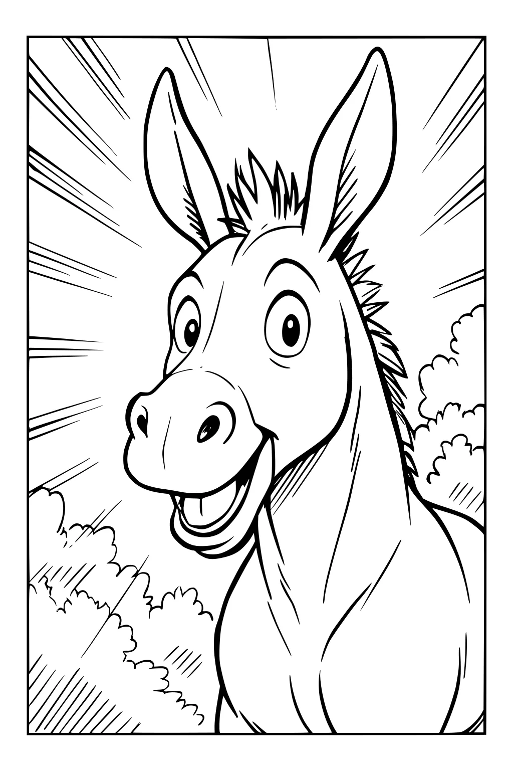 Smiling donkey with big ears and spiky mane, sunburst and clouds in background.