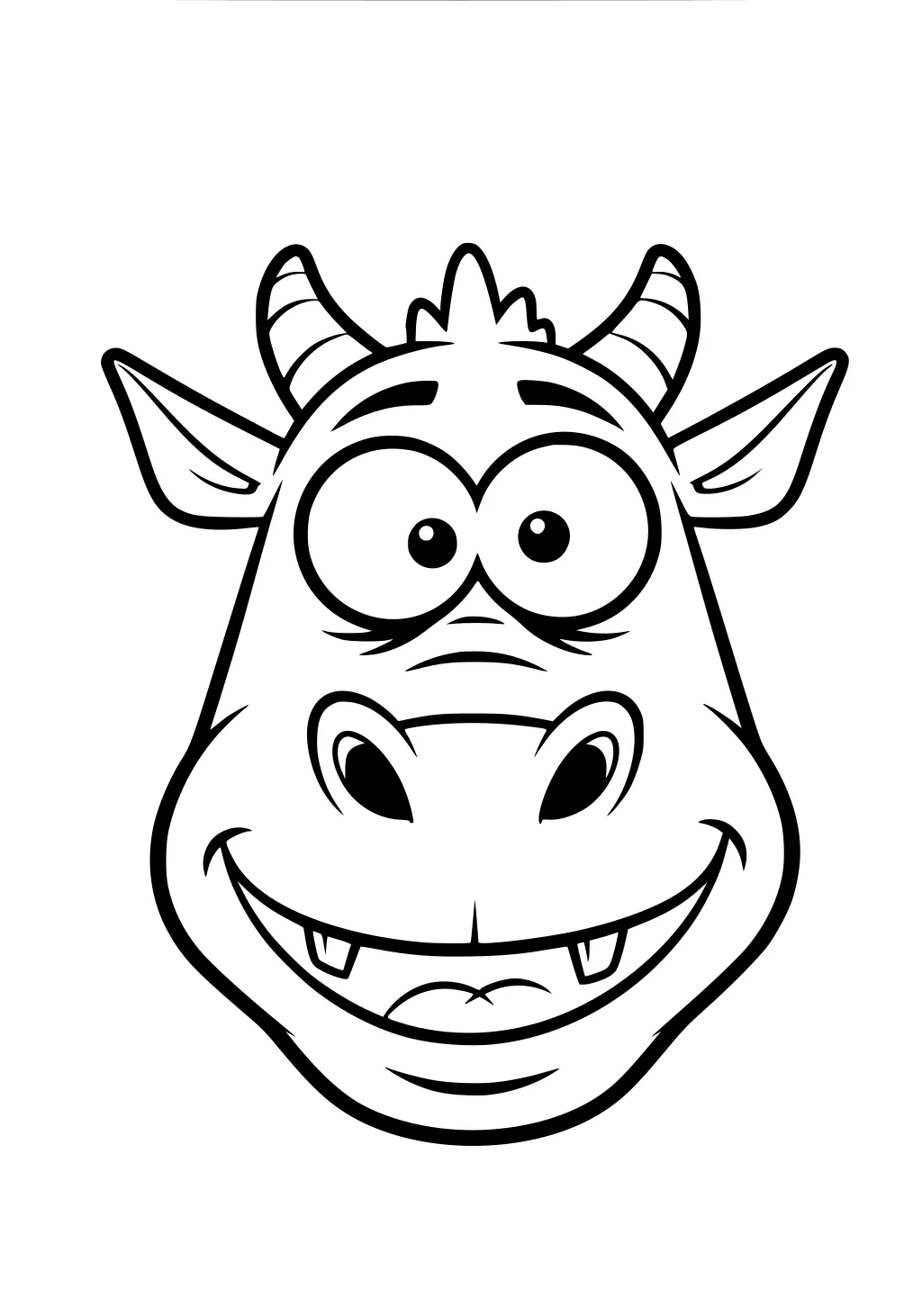 Smiling cartoon dragon face with big eyes, striped horns, large ears, small fangs, and a wide snout in bold black outlines.
