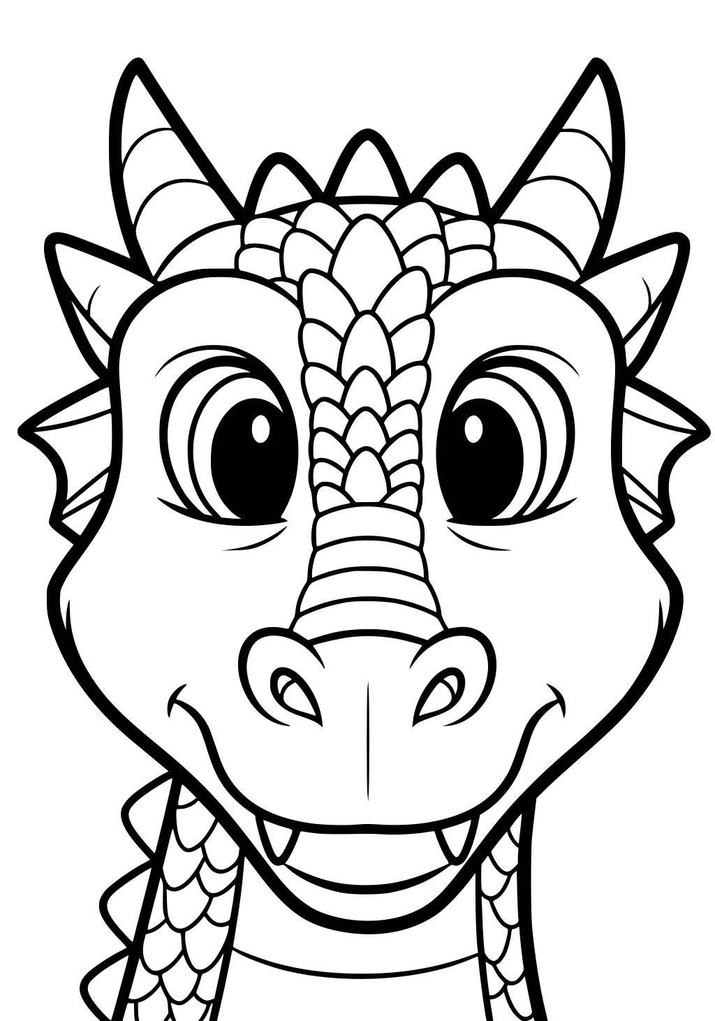 Friendly dragon face with big eyes, striped horns, nose scales, cheek spikes, and a smiling mouth with small fangs, front view.
