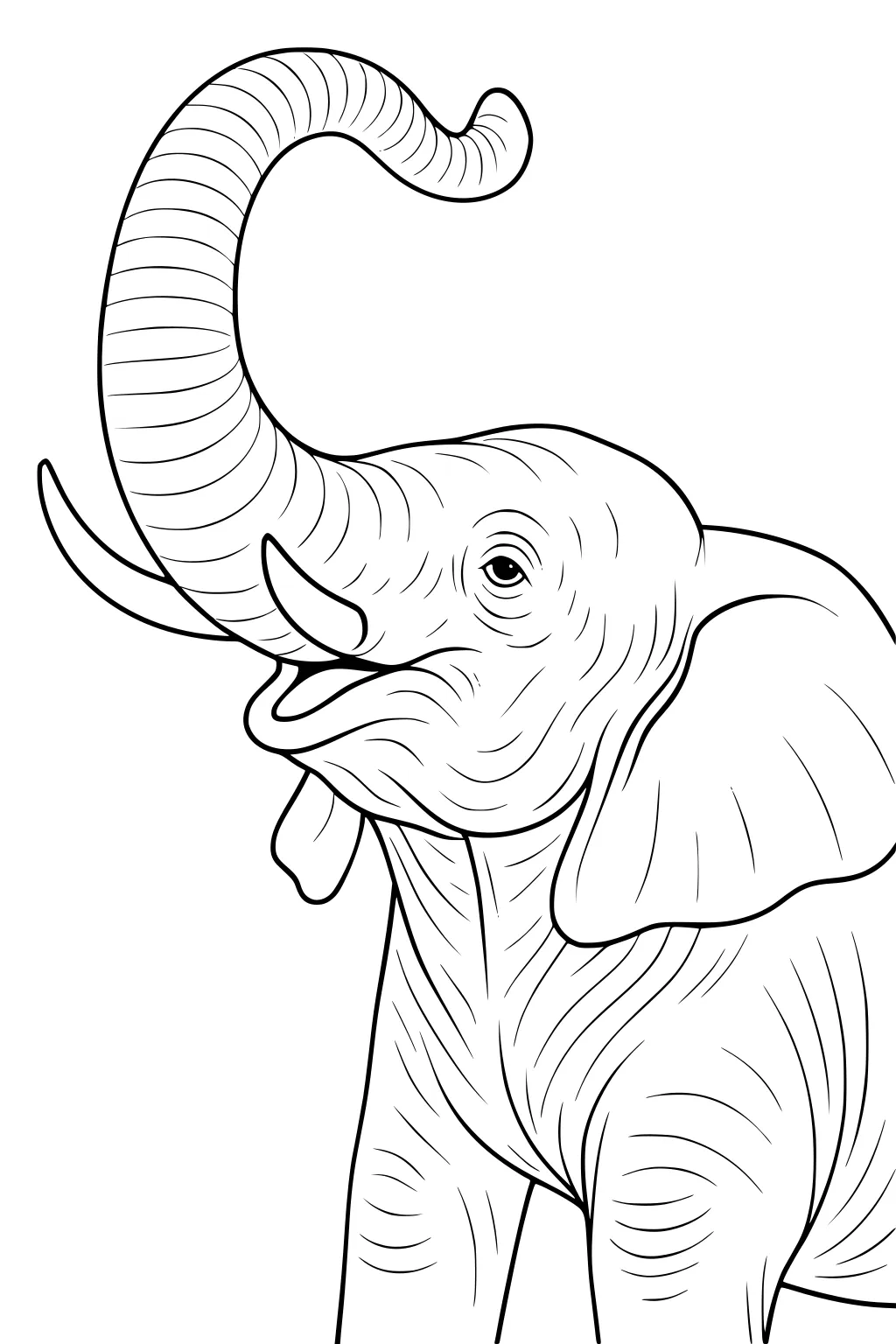 Detailed illustration of an elephant facing left, trunk curled up, mouth open, ears spread, showing wrinkles.
