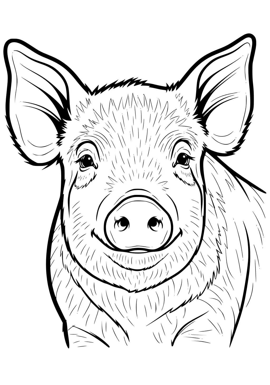 Line drawing of a smiling pig face with big ears and detailed fur patterns.