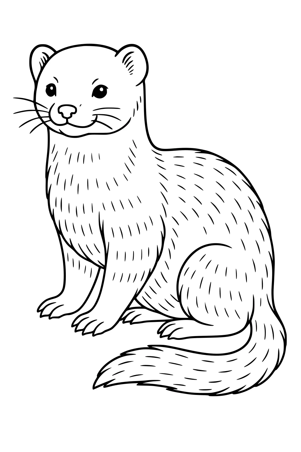 Cartoon ferret sitting upright with striped fur, long tail, round eyes, and small ears.