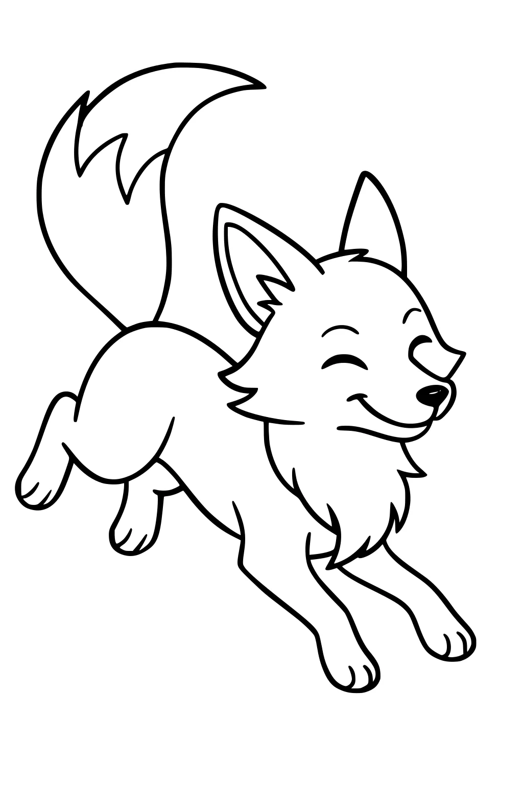 Line drawing of a happy fox with a fluffy tail leaping forward, eyes closed, mouth smiling, and both ears poking up.