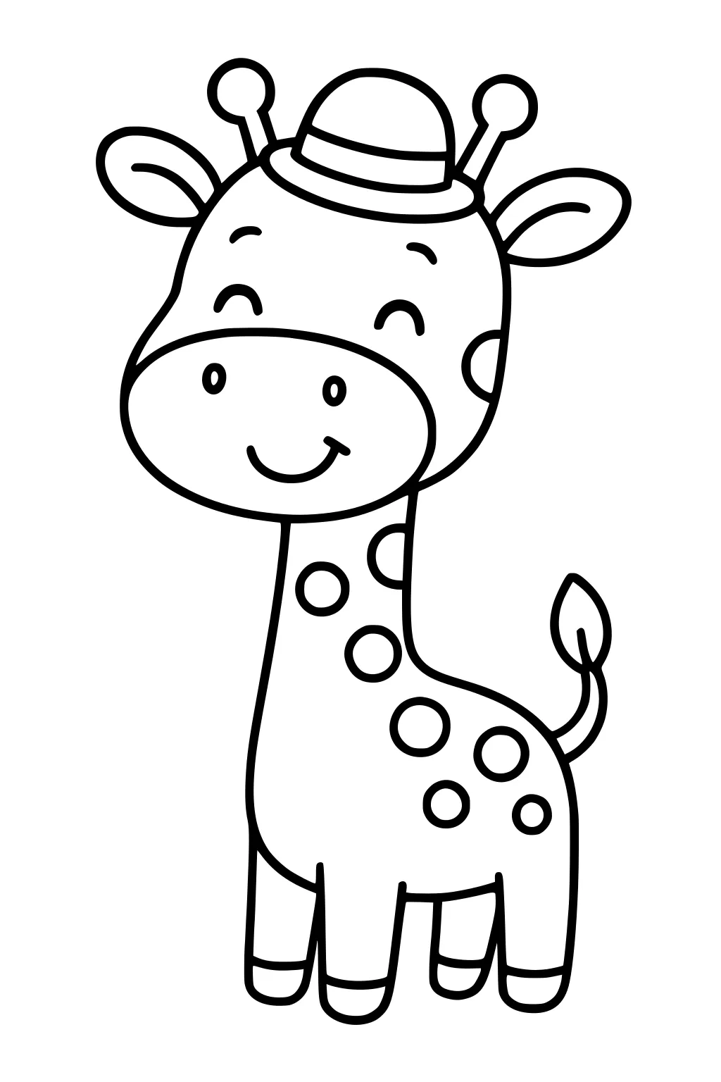 Cartoon giraffe smiling, wearing a small hat, with round spots, closed eyes, and a curved tail.