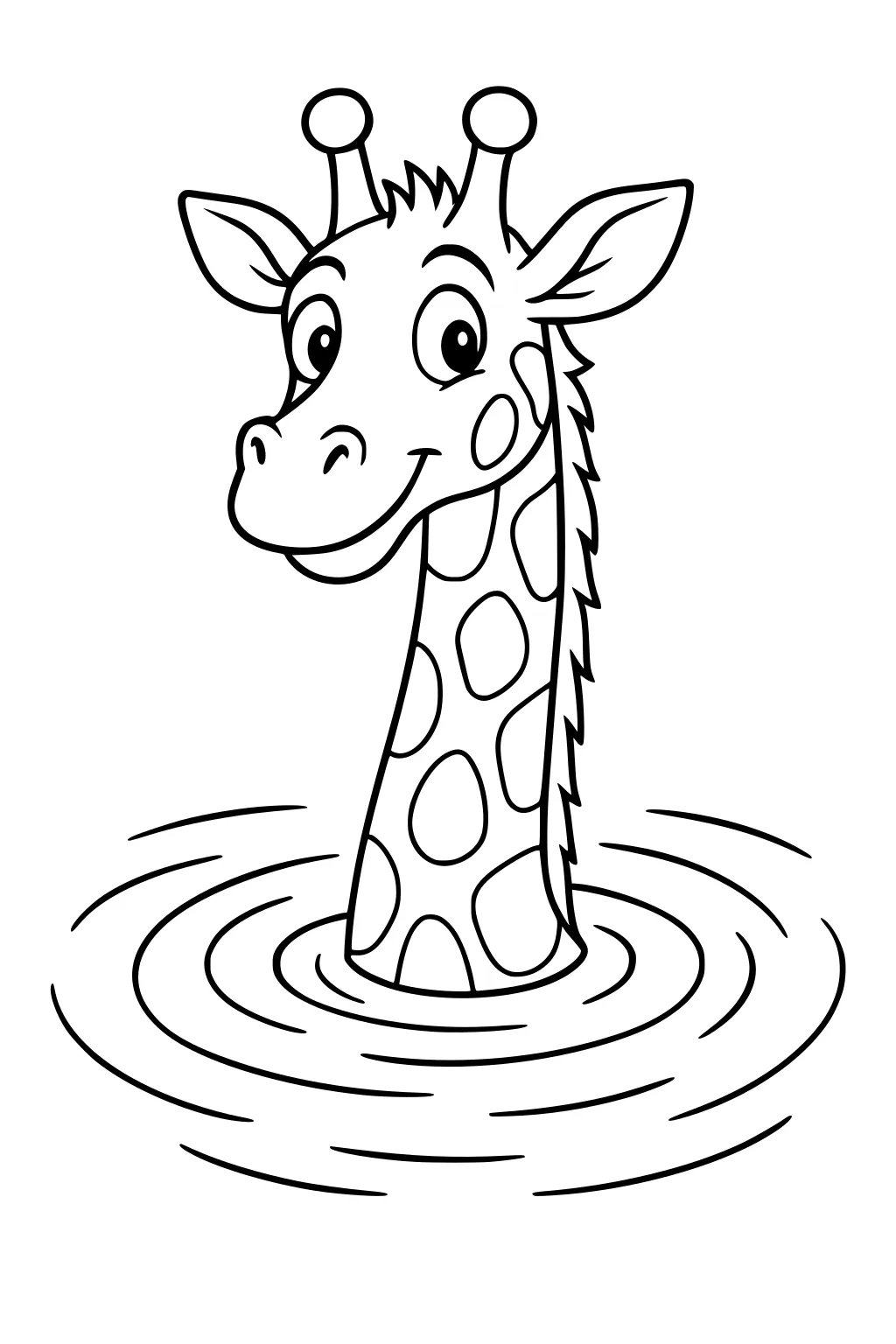 Cartoon giraffe with big eyes and spots, smiling while popping up from water with ripples around her neck.