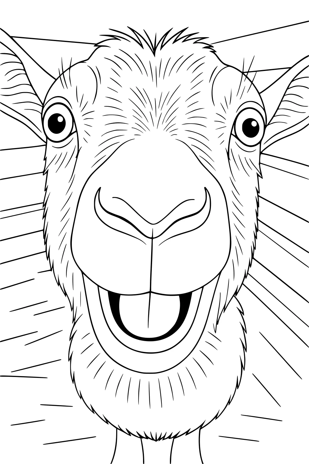 Close-up goat face with tongue out, big eyes, fluffy fur, pointy ears, and fence lines behind