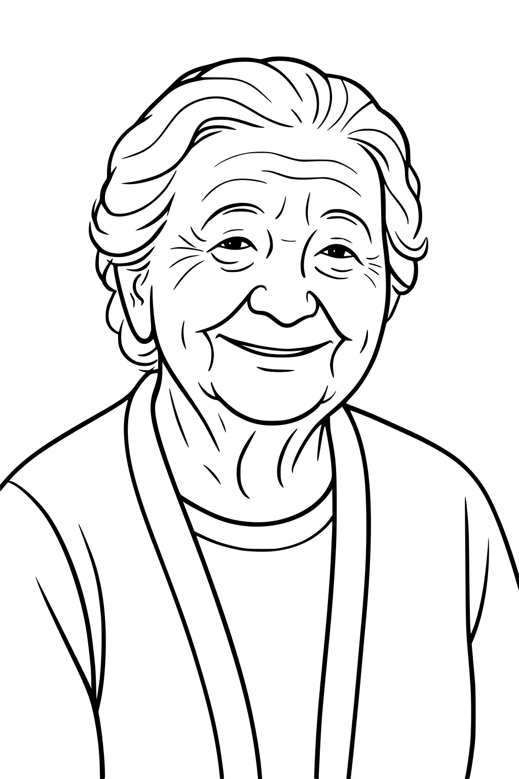 Line art portrait of a smiling elderly grandmother with wavy hair, cardigan, and T-shirt; close-up face with gentle wrinkles.