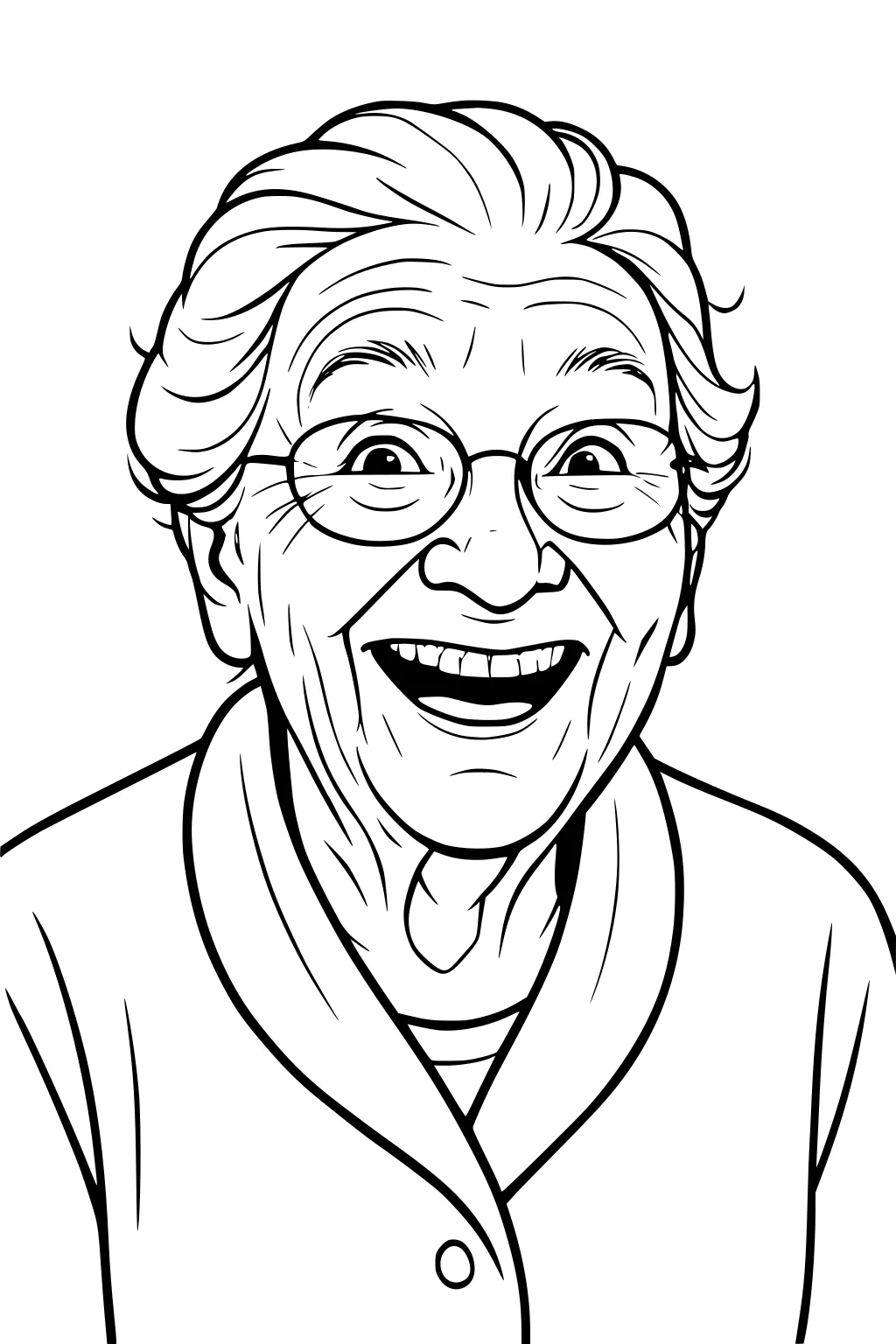 Smiling elderly woman in glasses with wavy hair, laughing, wearing a cardigan and neck scarf; close-up portrait.