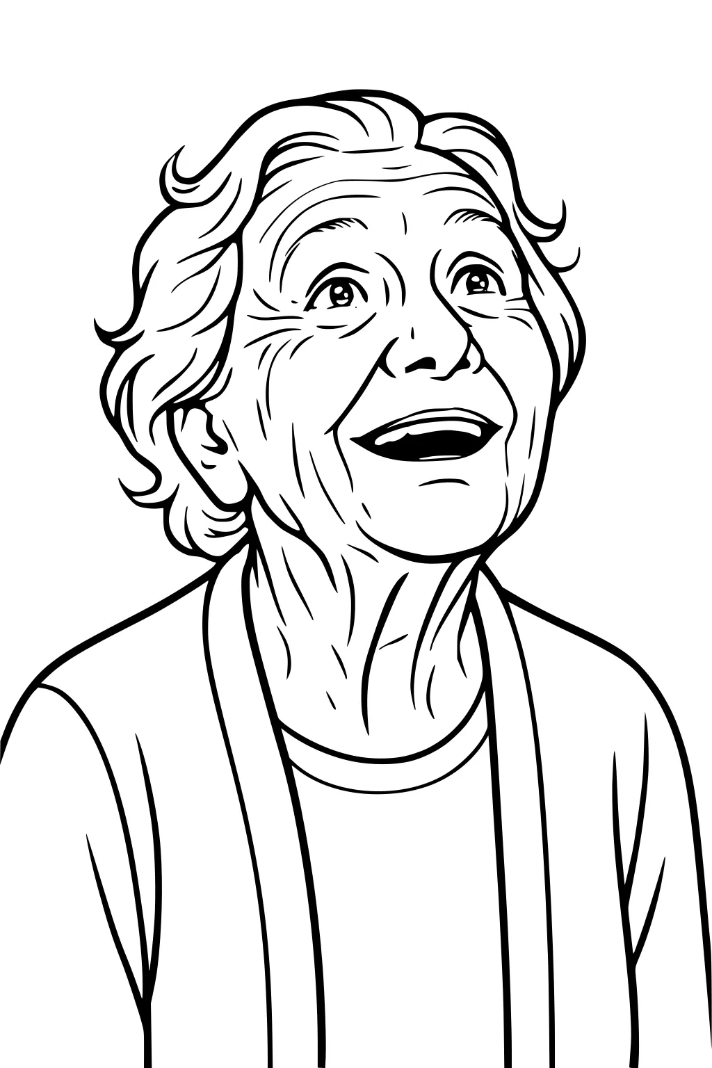 Smiling elderly woman looking up, short wavy hair, open mouth, wearing a cardigan and shirt; simple black-and-white portrait.