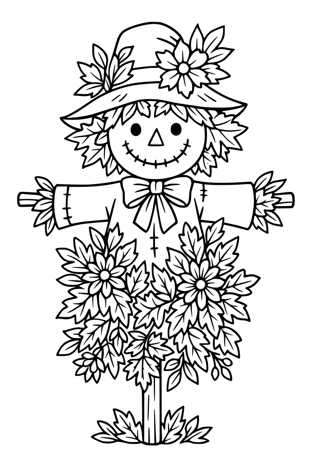 Smiling Halloween scarecrow on a post, hat with flowers, big bow, straw hands, surrounded by large fall blooms and leaves.