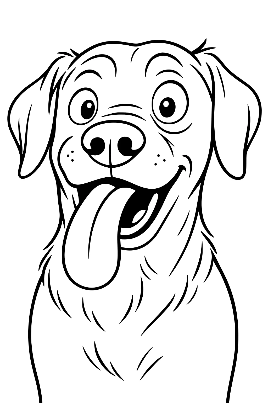 Cartoon dog with large eyes, floppy ears, wide smile, and tongue sticking out, looking straight ahead.