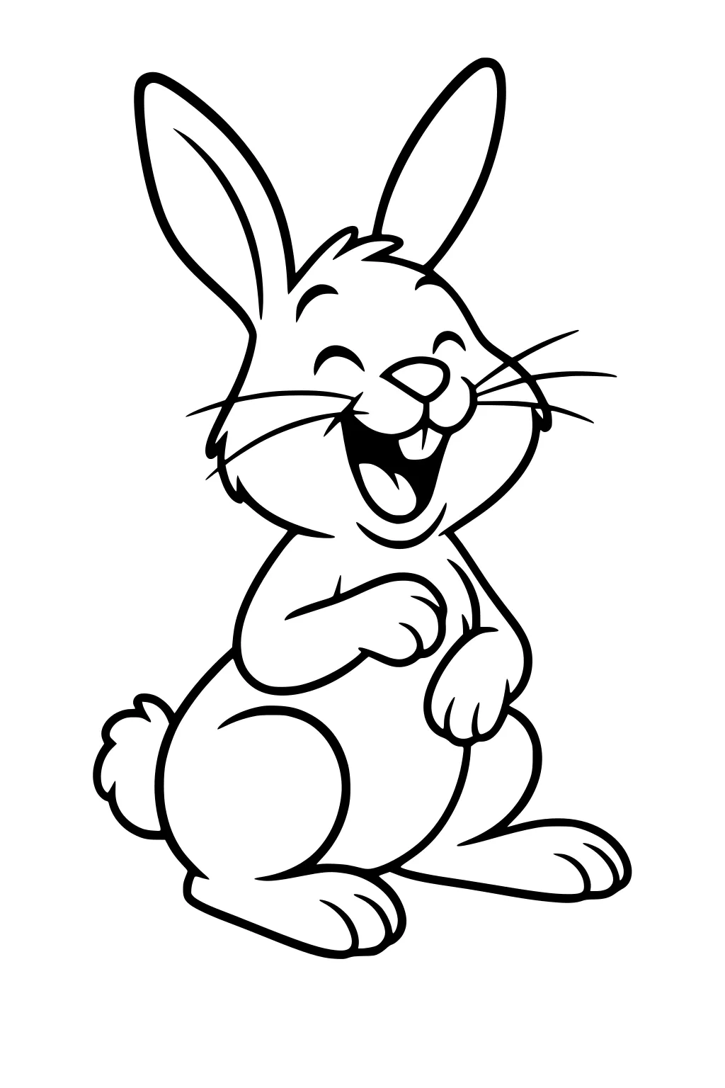 Cartoon rabbit sitting, laughing with eyes closed, mouth open, large ears up, one paw raised, fluffy tail visible.