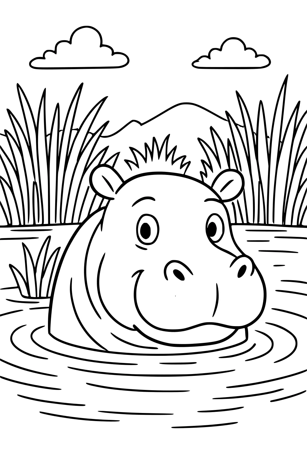 Cartoon hippopotamus with freckles poking out of water, surrounded by grass, hills, and clouds in the background.