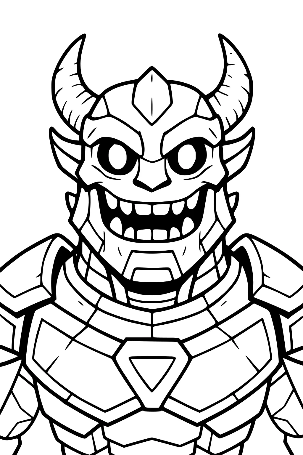 Cartoon horned demon in chunky armor with big round eyes and a wide grin, triangle chest emblem, bold front view line art.