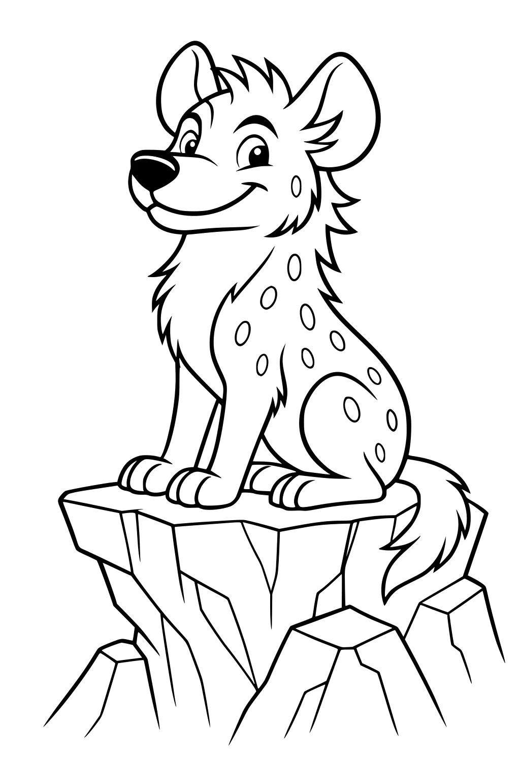 Cartoon hyena with spots sitting on a rocky cliff, smiling with tail curled around its front paws.