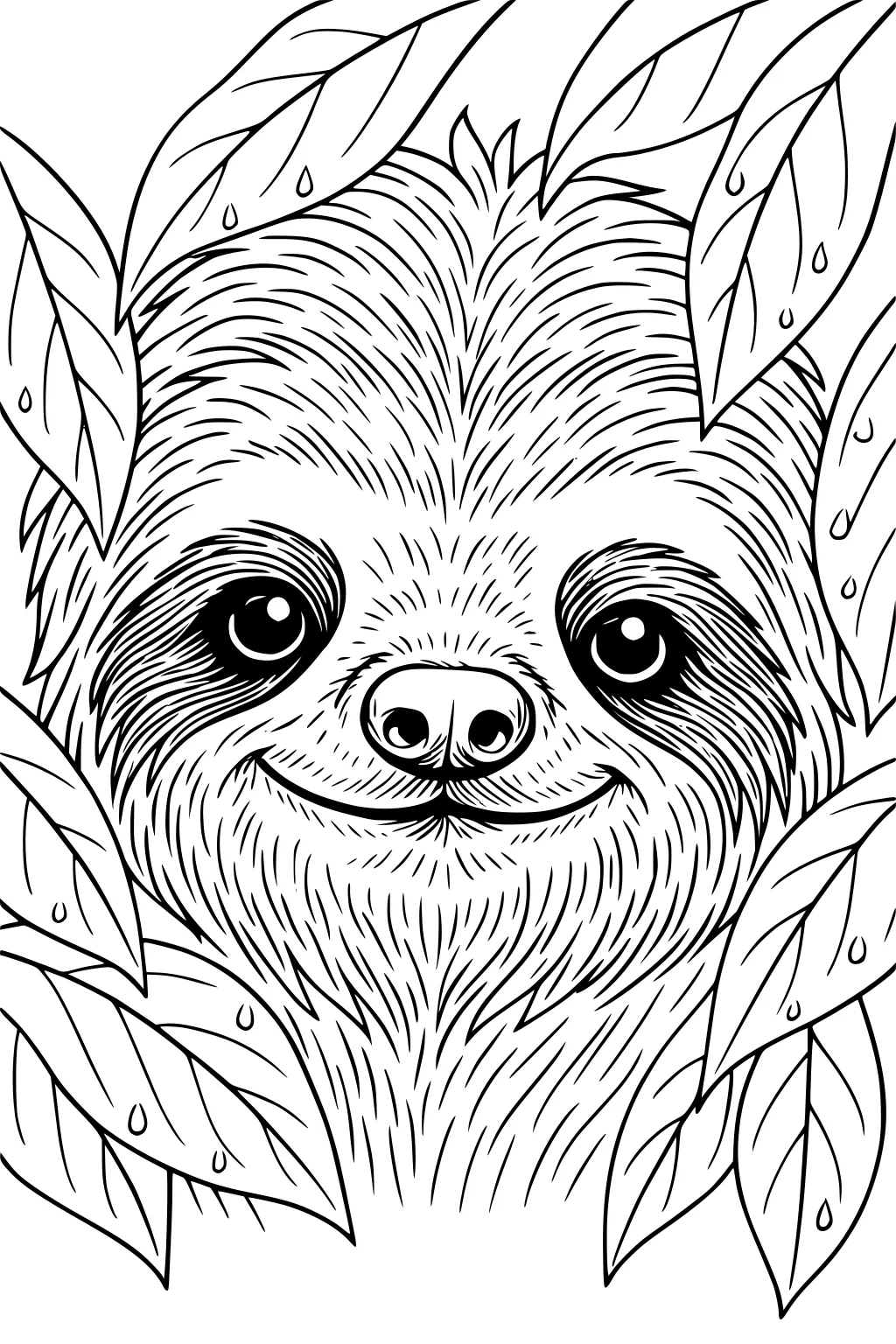 Line drawing of a sloth face surrounded by leaves with raindrop details.